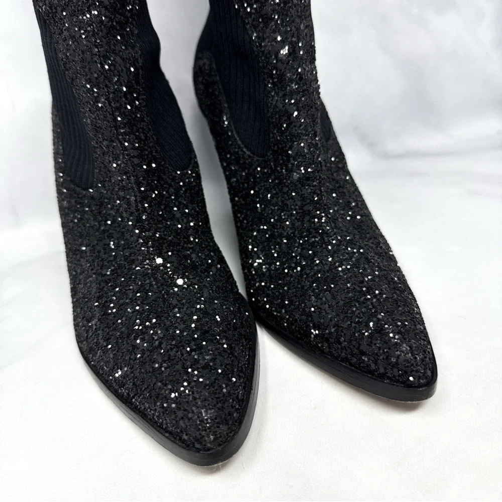 Jimmy Choo Mele Glitter 85 Chelsea Stretch Knit Block Heel Ankle Boots Black 36